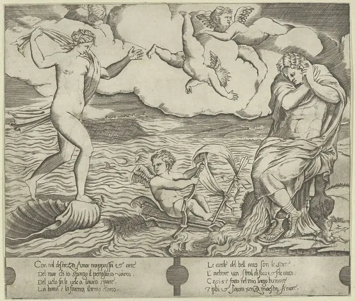 Framed Print : Venus riding a conch at left and cowering man (Jason) at right, Eros riding a makes... ca. 1530-50. Creator: Anon Framed Print : Venus riding a conch at left and cowering man (Jason) at right, Eros riding a makes... ca. 1530-50. Creator: Anon