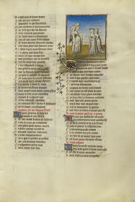 Framed Print : Venus Speaking to the Personifications of Shame and Anxiety; Roman de la Rose, about 1405. Creator: Unknown Framed Print : Venus Speaking to the Personifications of Shame and Anxiety; Roman de la Rose, about 1405. Creator: Unknown