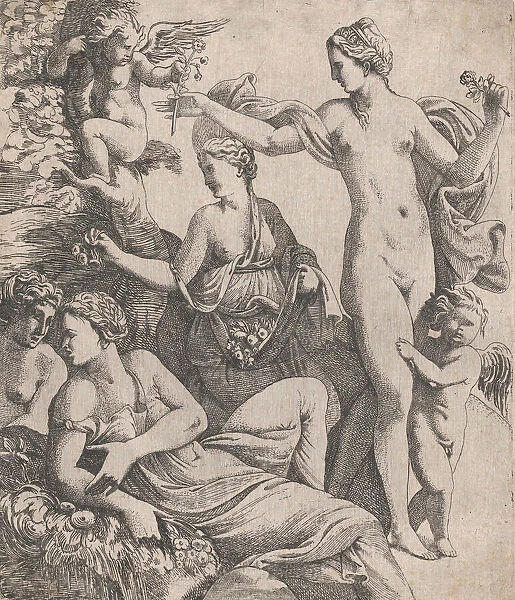 Venus, standing with the three Graces, is offered a flower from a putto, 1607-61
