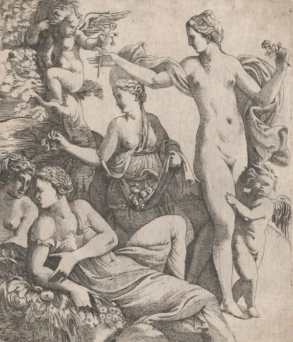Framed Print : Venus, standing with the three Graces, is offered a flower from a putto, 1607-61