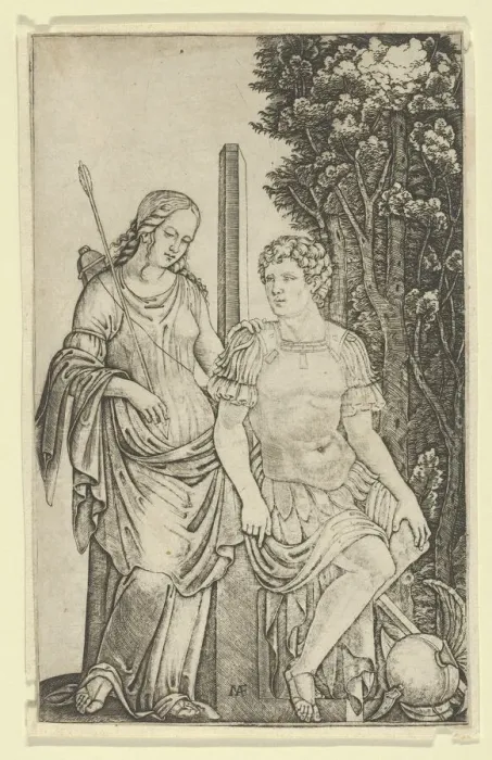 Framed Print : Venus standing at left resting her hand on the shoulder of Aeneas seated at right... ca. 1500-1527. Creator: Marcantonio Raimondi Framed Print : Venus standing at left resting her hand on the shoulder of Aeneas seated at right... ca. 1500-1527. Creator: Marcantonio Raimondi