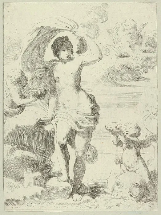 Framed Print : Venus stepping out of the sea, holding a billowing drapery in her left hand, Cupid.. ca. 1600-1640. Creator: Anon Framed Print : Venus stepping out of the sea, holding a billowing drapery in her left hand, Cupid.. ca. 1600-1640. Creator: Anon
