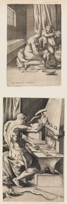 Framed Print : Venus at her Toilette, and Vulcan Working at His Forge, ca. 1546. Creator: Enea Vico Framed Print : Venus at her Toilette, and Vulcan Working at His Forge, ca. 1546. Creator: Enea Vico