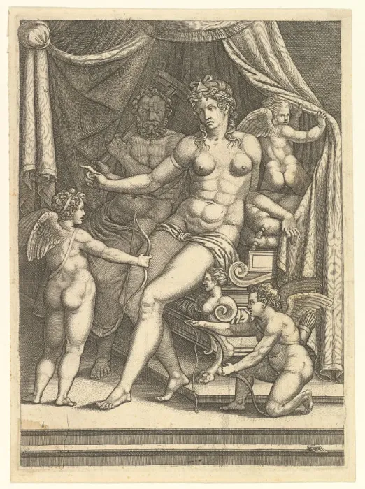 Framed Print : Venus and Vulcan Seated on a Bed and Three Putti, mid-1550s. Creator: Giorgio Ghisi Framed Print : Venus and Vulcan Seated on a Bed and Three Putti, mid-1550s. Creator: Giorgio Ghisi