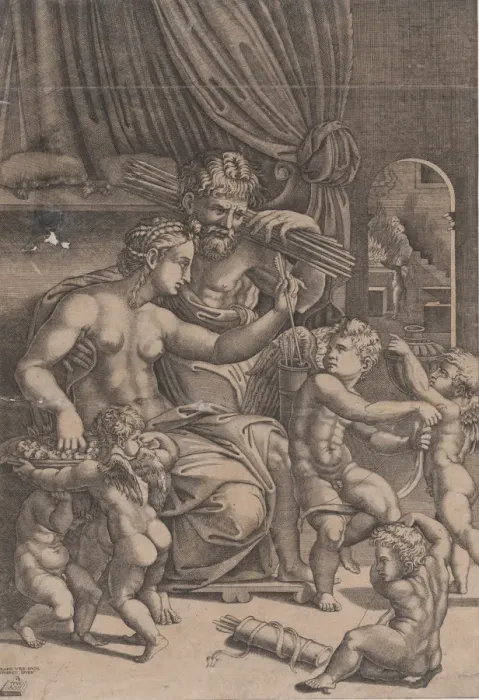 Framed Print : Venus and Vulcan Surrounded by Cupids, dated 1530. Creator: Agostino Veneziano Framed Print : Venus and Vulcan Surrounded by Cupids, dated 1530. Creator: Agostino Veneziano