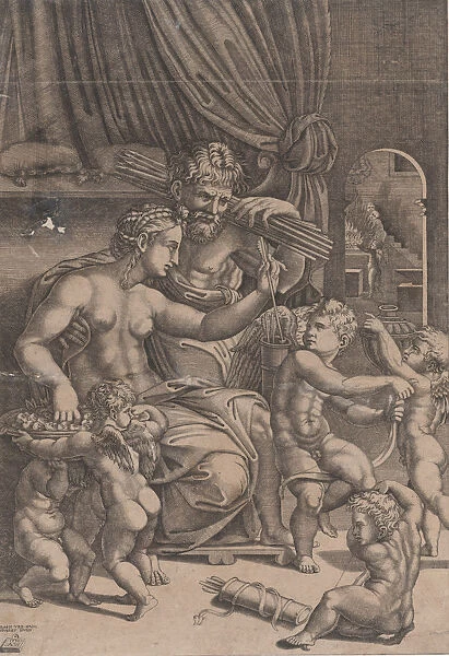Venus and Vulcan Surrounded by Cupids, dated 1530. Creator: Agostino Veneziano