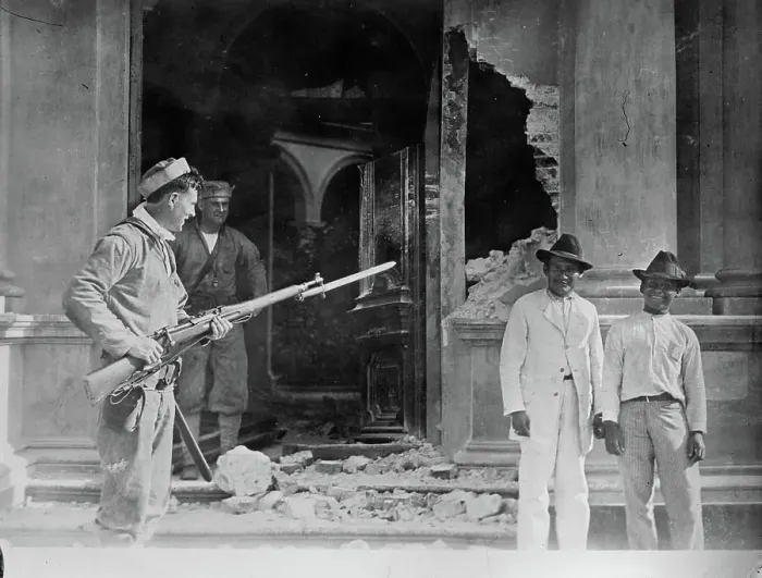 Framed Print : Vera Cruz: Front door of Naval Academy bombarded by CHESTER & PRAIRIE, 1914. Creator: Bain News Service Framed Print : Vera Cruz: Front door of Naval Academy bombarded by CHESTER & PRAIRIE, 1914. Creator: Bain News Service