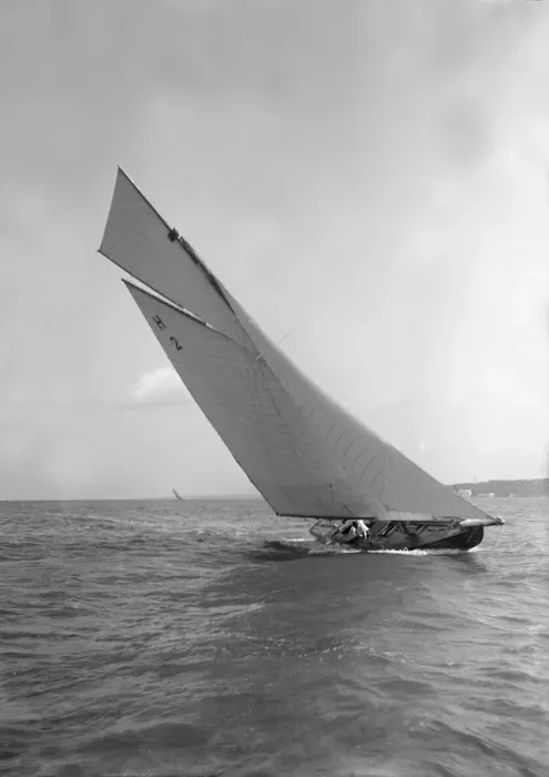 Framed Print : Verbena (H2), a gaff rig 8 Metre, sailing close-hauled, 1911. Creator: Kirk & Sons of Cowes Framed Print : Verbena (H2), a gaff rig 8 Metre, sailing close-hauled, 1911. Creator: Kirk & Sons of Cowes