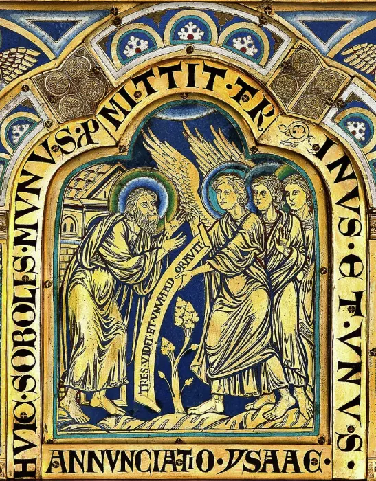 Framed Print : The Verdun Altar: The announcement of Isaac's Birth to Abraham, 1181. Creator: Nicholas of Verdun (ca 1130 / 40-after 1205) Framed Print : The Verdun Altar: The announcement of Isaac's Birth to Abraham, 1181. Creator: Nicholas of Verdun (ca 1130 / 40-after 1205)