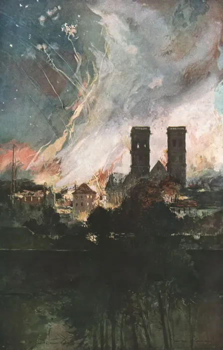 Framed Print : Verdun; Bombardement de Verdun avec des obus incendiaires (nuit du 25 au 26 mars 1916), 1916. Creator: Francois Flameng Framed Print : Verdun; Bombardement de Verdun avec des obus incendiaires (nuit du 25 au 26 mars 1916), 1916. Creator: Francois Flameng