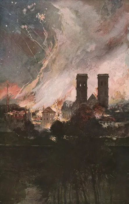 Framed Print : Verdun; Bombardement de Verdun avec des obus incendiaires (nuit du 25 au 26 mars 1916), (1924) Creator: Francois Flameng Framed Print : Verdun; Bombardement de Verdun avec des obus incendiaires (nuit du 25 au 26 mars 1916), (1924) Creator: Francois Flameng