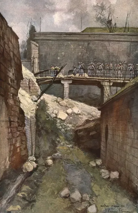 Framed Print : Verdun; La citadelle de Verdun: les fosses, 1916. Creator: Francois Flameng Framed Print : Verdun; La citadelle de Verdun: les fosses, 1916. Creator: Francois Flameng