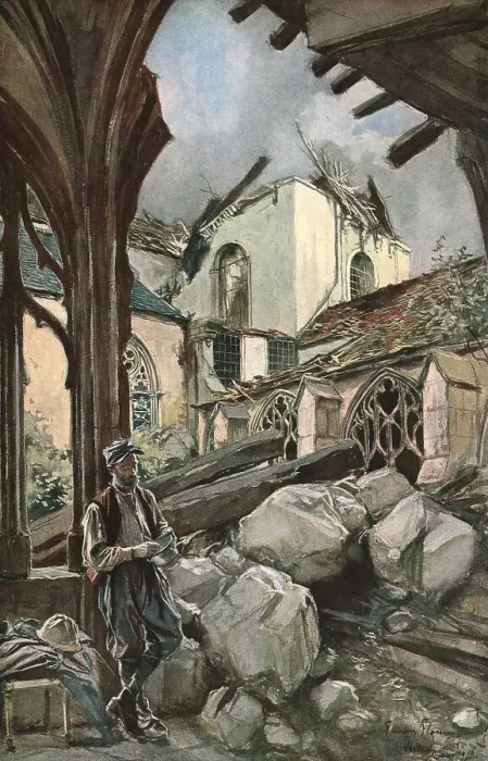 Framed Print : Verdun; Le Cloitre et la Cathedrale, 1916 (1924) Creator: Francois Flameng Framed Print : Verdun; Le Cloitre et la Cathedrale, 1916 (1924) Creator: Francois Flameng