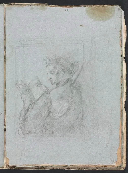 Framed Print : Verona Sketchbook: Female figure with open book (page 63), 1760. Creator: Francesco Lorenzi Framed Print : Verona Sketchbook: Female figure with open book (page 63), 1760. Creator: Francesco Lorenzi