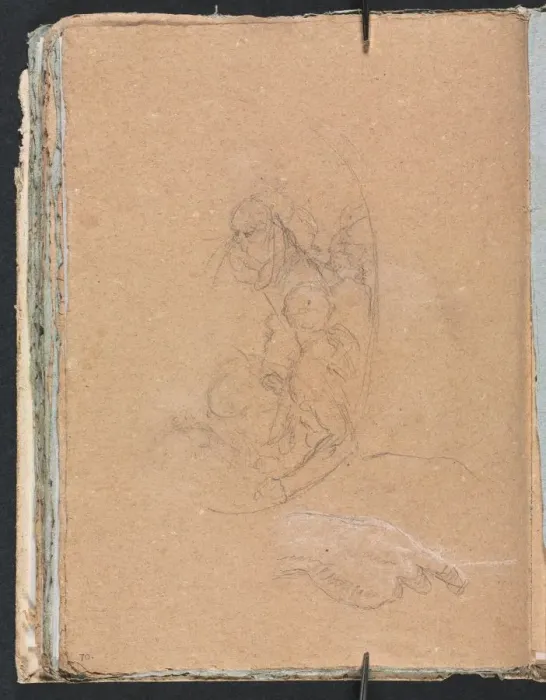 Framed Print : Verona Sketchbook: Figures in a roundel with study of a hand (page 70), 1760. Creator Framed Print : Verona Sketchbook: Figures in a roundel with study of a hand (page 70), 1760. Creator