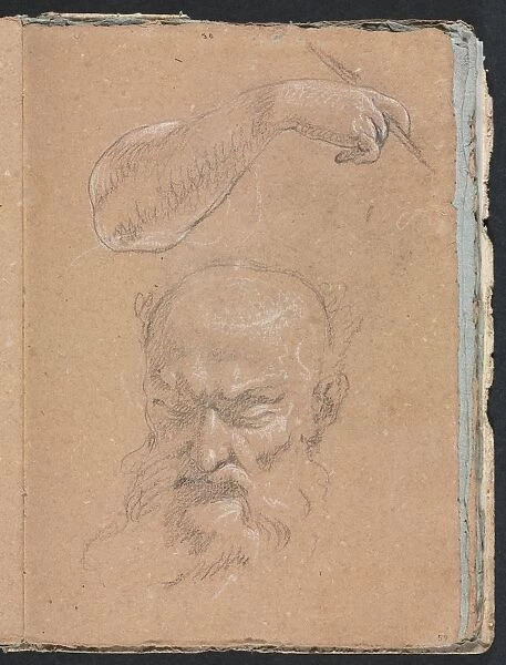 Verona Sketchbook: Head of a bearded man and right arm and hand (page 59), 1760. Creator