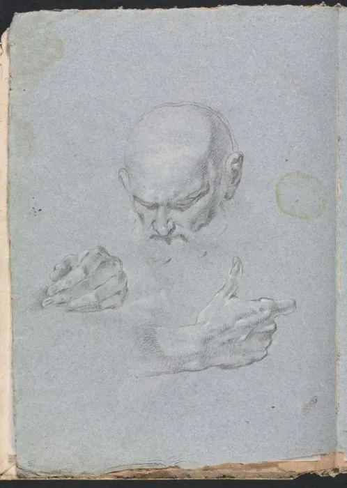 Framed Print : Verona Sketchbook: Head of a man with hands (page 8), 1760. Creator: Francesco Lorenzi (Italian Framed Print : Verona Sketchbook: Head of a man with hands (page 8), 1760. Creator: Francesco Lorenzi (Italian