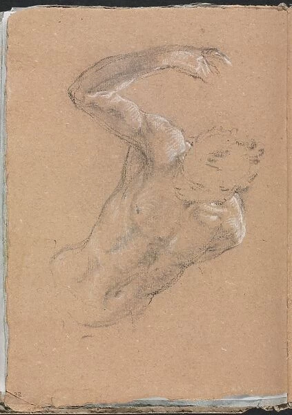 Verona Sketchbook : Male nude with upraised right arm (page 32), 1760. Creator: Francesco Lorenzi