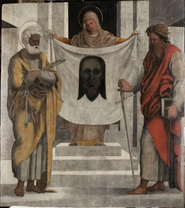 Framed Print : Veronica between Saints Peter and Paul, 1524-1525. Creator: Ugo da Carpi (1480-1532) Framed Print : Veronica between Saints Peter and Paul, 1524-1525. Creator: Ugo da Carpi (1480-1532)