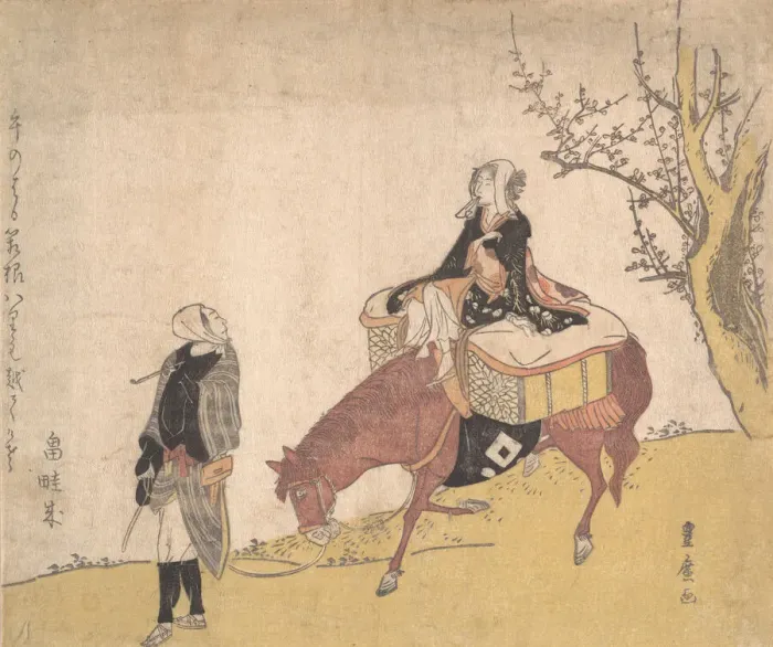 Framed Print : Version of Legend of Michizane: woman riding horse which a man is leading Framed Print : Version of Legend of Michizane: woman riding horse which a man is leading