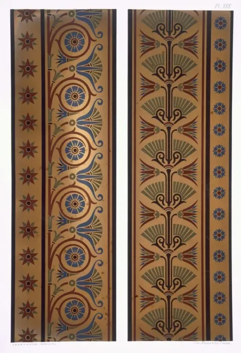 Framed Print : Vertical bands or borders in dark colours on gold ground, pub Framed Print : Vertical bands or borders in dark colours on gold ground, pub