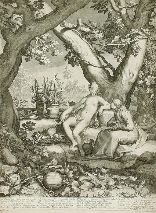 Framed Print : Vertumnus and Pomona, 1605. Creator: Jan Saenredam Framed Print : Vertumnus and Pomona, 1605. Creator: Jan Saenredam