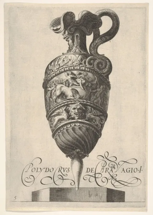 Framed Print : Vessel with grotesque masks, griffins, and a frieze populated by a bull and men in Framed Print : Vessel with grotesque masks, griffins, and a frieze populated by a bull and men in