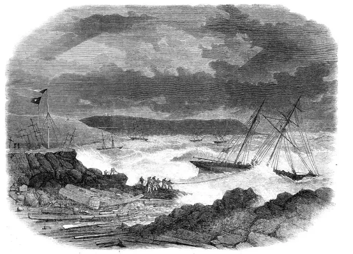 Framed Print : Vessels ashore in Batten Bay, Plymouth Sound, during the late gale, 1865. Creator: Unknown Framed Print : Vessels ashore in Batten Bay, Plymouth Sound, during the late gale, 1865. Creator: Unknown