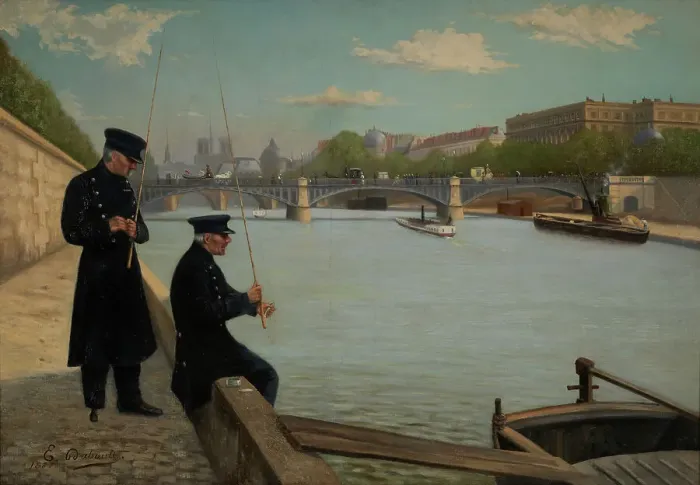 Framed Print : Veterans line fishing, near the Solferino bridge, 1887. Creator: Unknown Framed Print : Veterans line fishing, near the Solferino bridge, 1887. Creator: Unknown