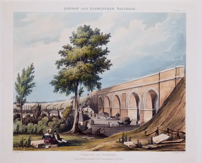 Framed Print : Viaduct at Watford, published 1837 (hand coloured engraving) Framed Print : Viaduct at Watford, published 1837 (hand coloured engraving)