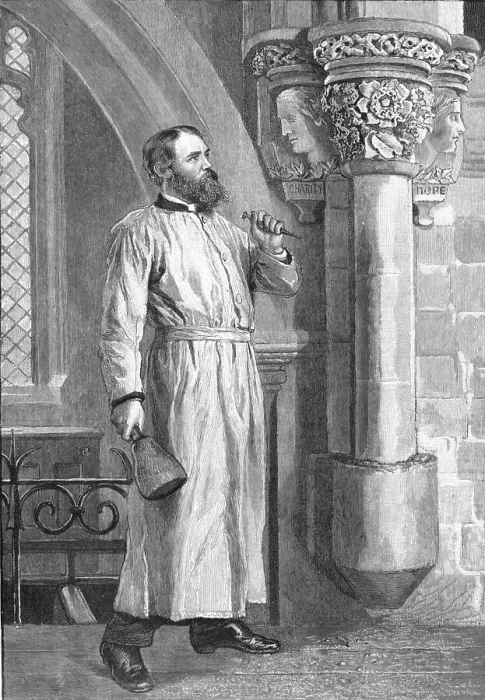 Framed Print : A Vicar his own Mason --The Rev. F.W. Ragg helping in the Restoration of his Church at Marsworth Creator: Unknown. A Vicar his own Mason --The Rev. F.W. Ragg helping in the Restoration of his Church at Marsworth Creator: Unknown