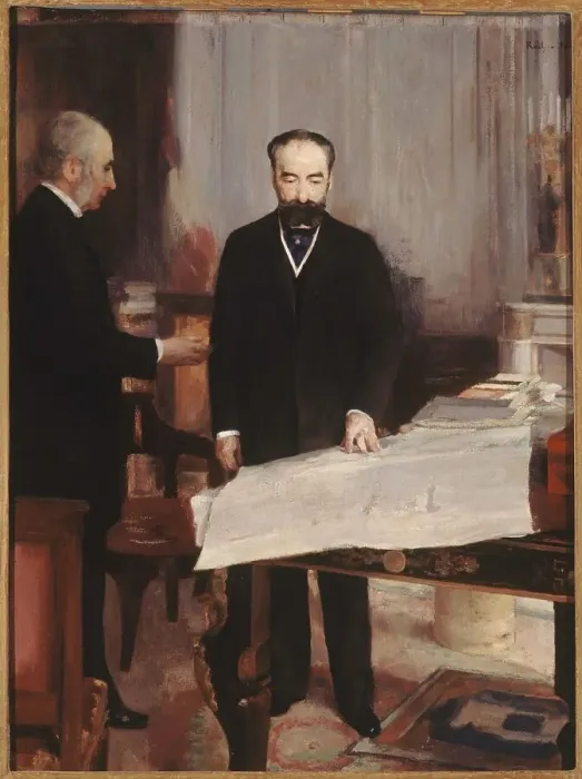Framed Print : Vice-Rector Greard presenting plans for the new Sorbonne to President Sadi Carnot, 1894. Creator: Alfred Philippe Roll Framed Print : Vice-Rector Greard presenting plans for the new Sorbonne to President Sadi Carnot, 1894. Creator: Alfred Philippe Roll