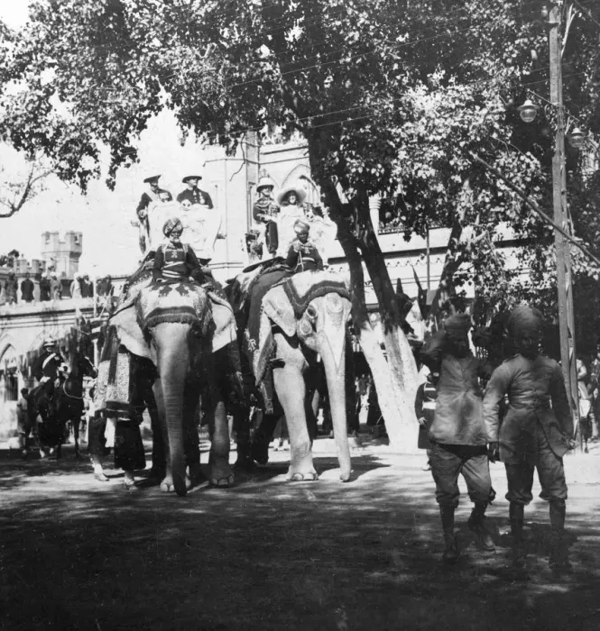 Framed Print : Viceregal staff and his daughter taking part in the elephant procession, Delhi, India, 1900s. Artist: H Hands & Son Framed Print : Viceregal staff and his daughter taking part in the elephant procession, Delhi, India, 1900s. Artist: H Hands & Son
