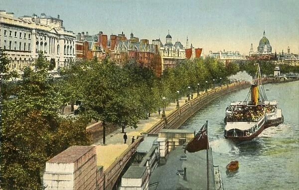 The Victoria Embankment, and steamship on the River Thames, London, c1910. Creator: Unknown