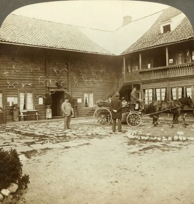 Framed Print : Victoria Hotel, adorned with reindeer antlers, at Kongsberg, in rugged Norway, c1905 Framed Print : Victoria Hotel, adorned with reindeer antlers, at Kongsberg, in rugged Norway, c1905