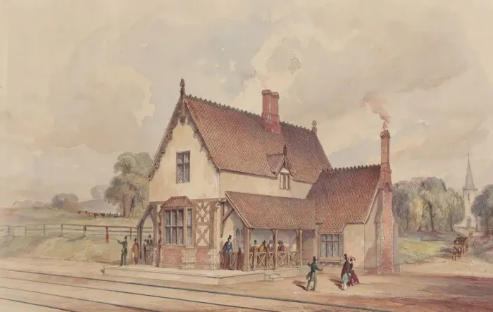 Framed Print : Victorian Rural Train Station and Railroad Crossing, 1844-77. Creator: John Connell Ogle Framed Print : Victorian Rural Train Station and Railroad Crossing, 1844-77. Creator: John Connell Ogle