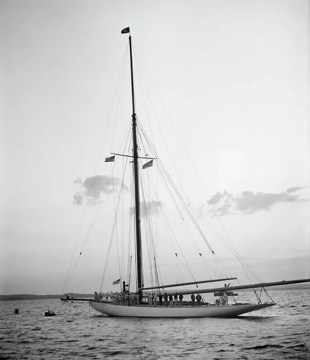 Framed Print : Victorious Columbia at mooring in the horseshoe after race of Oct. 4, 1901... Creator: Unknown Framed Print : Victorious Columbia at mooring in the horseshoe after race of Oct. 4, 1901... Creator: Unknown