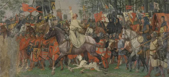 Framed Print : The Victorious Return of Bruges Citizens from the Battle of the Golden Spurs, 1893-1900. Creator: Albrecht De Vriendt Framed Print : The Victorious Return of Bruges Citizens from the Battle of the Golden Spurs, 1893-1900. Creator: Albrecht De Vriendt