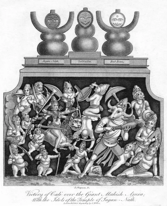 Framed Print : Victory of Cali over the Giant Mahish A sura, with the idols of the Temple of Jagannath, 1809. Artist: J Chapman Framed Print : Victory of Cali over the Giant Mahish A sura, with the idols of the Temple of Jagannath, 1809. Artist: J Chapman