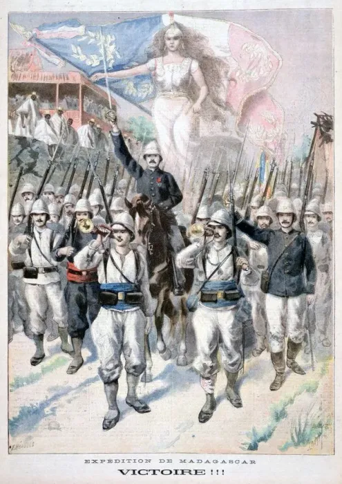 Framed Print : Victory!!, French intervention in Madagascar, 1895. Artist: F Meaulle Framed Print : Victory!!, French intervention in Madagascar, 1895. Artist: F Meaulle