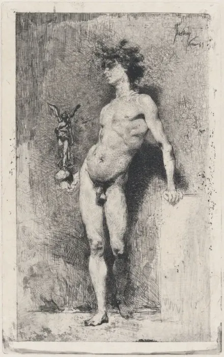 Framed Print : Victory: a naked youth standing facing left holding a statue of winged Victory in his righ... 1869. Creator: Mariano Jose Maria Bernardo Fortuny y Carbo Framed Print : Victory: a naked youth standing facing left holding a statue of winged Victory in his righ... 1869. Creator: Mariano Jose Maria Bernardo Fortuny y Carbo