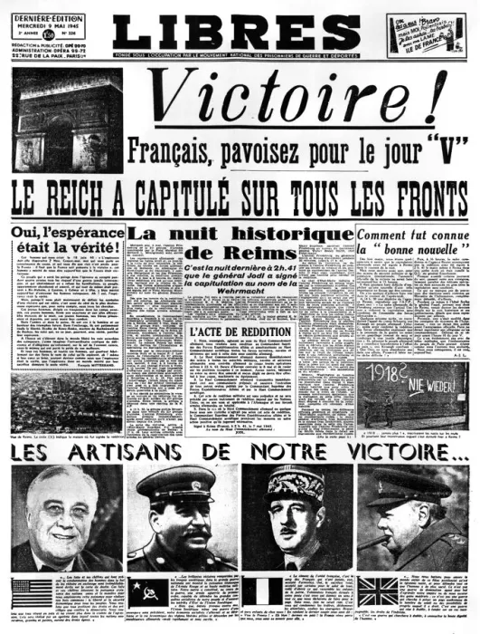 Framed Print : Victory!, front page of Libres newspaper, 9 May 1945 Framed Print : Victory!, front page of Libres newspaper, 9 May 1945