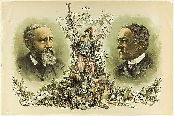 Victory Portraits of Benjamin Harrison and Levi P. Morton, from Judge, 1888. Creator: Unknown