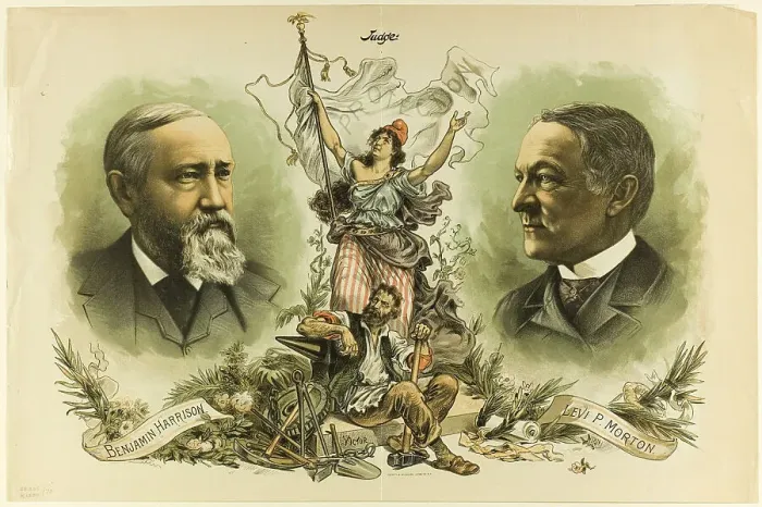 Framed Print : Victory Portraits of Benjamin Harrison and Levi P. Morton, from Judge, 1888. Creator: Unknown Framed Print : Victory Portraits of Benjamin Harrison and Levi P. Morton, from Judge, 1888. Creator: Unknown