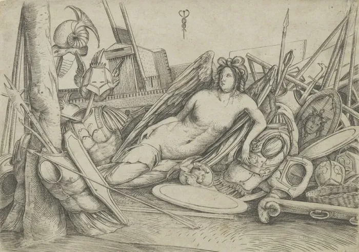 Framed Print : Victory reclining amid trophies, ca. 1498-1500. Creator: Jacopo de Barbari Framed Print : Victory reclining amid trophies, ca. 1498-1500. Creator: Jacopo de Barbari