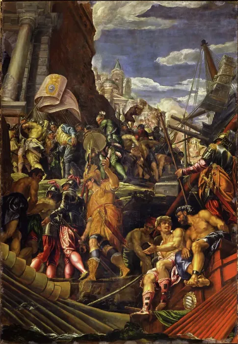 Framed Print : The Victory of Venetian Fleet over the fleets of the Republic of Genoa at Acre in 1258, 1585-1590. Creator: Montemezzano, Francesco (ca. 1540-1600 / 02) Framed Print : The Victory of Venetian Fleet over the fleets of the Republic of Genoa at Acre in 1258, 1585-1590. Creator: Montemezzano, Francesco (ca. 1540-1600 / 02)