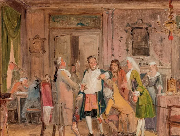 Framed Print : Vielgeschrey's hardships, scene from L. Holberg's Den stundeslose, Act 1, Scene 6, before 1850. Creator: Wilhelm Marstrand Framed Print : Vielgeschrey's hardships, scene from L. Holberg's Den stundeslose, Act 1, Scene 6, before 1850. Creator: Wilhelm Marstrand