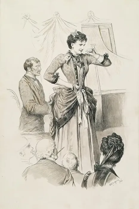 Framed Print : Viennese types: singer Fräulein Hornischer and her pianist in front of an audience, 1886. Creator: Karl Karger Framed Print : Viennese types: singer Fräulein Hornischer and her pianist in front of an audience, 1886. Creator: Karl Karger