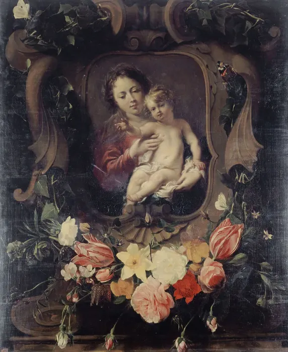 Framed Print : Vierge à l'enfant dans une couronne de fleurs, 17th century. Creator: Daniel Seghers Framed Print : Vierge à l'enfant dans une couronne de fleurs, 17th century. Creator: Daniel Seghers