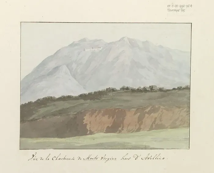 Framed Print : View of the Abbey of Monte Vergine high above Avellino, 1778. Creator: Louis Ducros Framed Print : View of the Abbey of Monte Vergine high above Avellino, 1778. Creator: Louis Ducros
